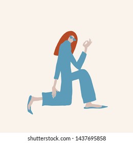 Flat the girl sat down. Woman in trendy modern clothes blue pastel colors, orange long hair style, sunglasses. Female cartoon characters. 