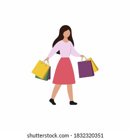 Flat girl in a simple style comes with packages from the store. Woman with shopping. Promotion, sale, best offer.