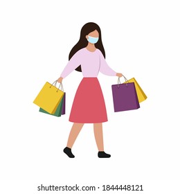 Una chica plana de estilo sencillo viene con paquetes de la tienda. Una mujer con una máscara médica con compras. Promoción, venta, mejor oferta.