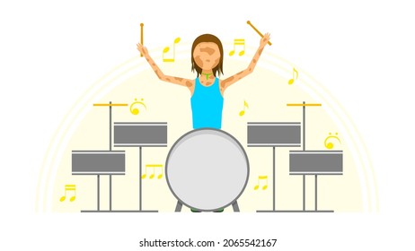 Flat Girl Woman Character With Spots Playing Drums Music Song, Corcert, Performance Vitiligo Depigmentation Disease Vector Design Style Concept People Are Equal