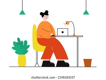The flat girl works at the computer in the office. Vector illustration