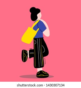 Flat girl with zero waste bag outdoors, vector illustration