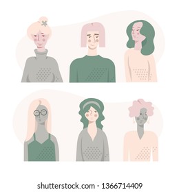 flat girls  set characters illustration in pastel colors