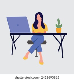 flat Girls work in office  vector design