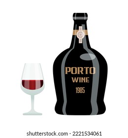 Flat glass and bottle of porto wine vector illustration