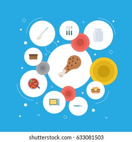 Flat Glass Container, Broth, Fast Food And Other Vector Elements. Set Of Food Flat Symbols Also Includes Bakery, Kitchen, Bowl Objects.