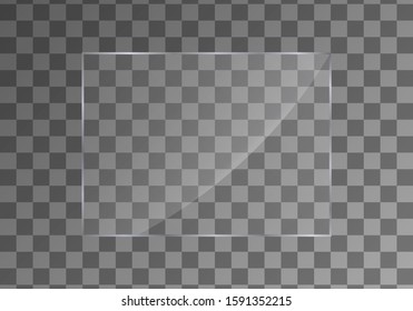 Flat glass plate banners. Set on transparent background. Clear glass showcase. 3d panel texture or clear window. Light effect for a picture or a mirror. Realistic window mockup Vector