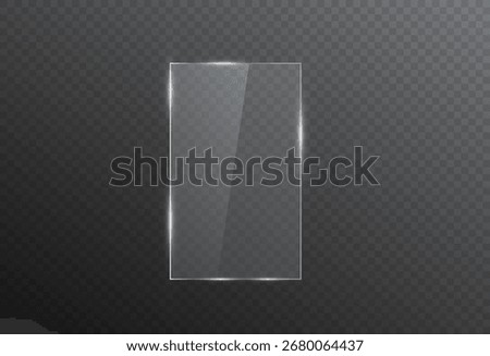 Flat glass plate, transparent banners, realistic screen glass, window mockup, clear glass showcase, glossy plastic glare frame, acrylic with glares and light, clear rectangular plate, plexiglas, 3d