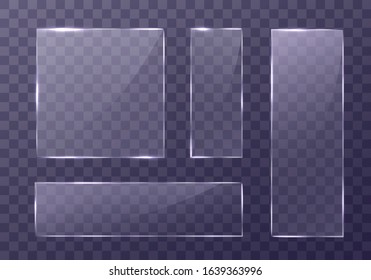 Flat glass plates set. Windows banners on transparent background.  Reflection 3d plate, clear  mirrors,  window. Glitter rectangle display Glare glass frame. Vector