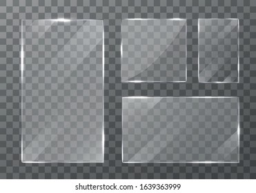 Flat glass plates set. Windows banners on transparent background.  Reflection 3d plate, clear  mirrors,  window. Glitter rectangle display Glare glass frame. Vector