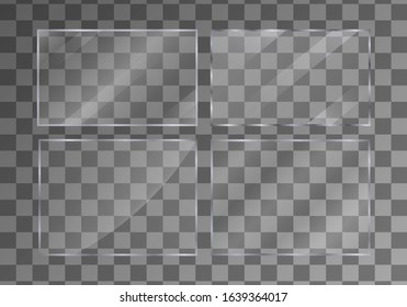Flat glass plates set. Windows banners on transparent background.  Reflection 3d plate, clear  mirrors,  window. Glitter rectangle display Glare glass frame. Vector