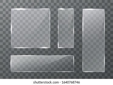 Flat glass plates set. Windows banners on transparent background.  Reflection 3d plate, clear  mirrors,  window. Glitter rectangle display Glare glass frame. Vector