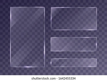 Flat glass plates set. Windows banners on transparent background.  Reflection 3d plate, clear  mirrors,  window. Glitter rectangle display Glare glass frame. Vector