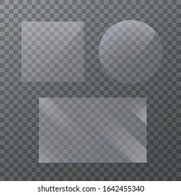 Flat glass plates set. Windows banners on transparent background.  Reflection 3d plate, clear  mirrors,  window. Glitter rectangle display Glare glass frame. Vector