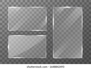 Flachglasplatten Set. Windows-Banner auf transparentem Hintergrund.  Reflektion 3D Platte, klare Spiegel, Fenster. Glitzer Rechteck-Anzeige Glassglas Rahmen. Vektorillustration