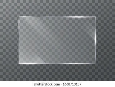 Flat glass plates set. Windows banners on transparent background.  Reflection 3d plate, clear  mirrors,  window. Glitter rectangle display Glare glass frame. Vector