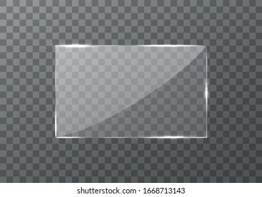 Flat glass plates set. Windows banners on transparent background.  Reflection 3d plate, clear  mirrors,  window. Glitter rectangle display Glare glass frame. Vector
