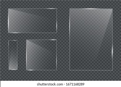 Flat Glass Plates Set. Windows Banners On Transparent Background. Reflection 3d Plate, Clear Mirrors, Window. Glitter Rectangle Display Glare Glass Frame. Vector