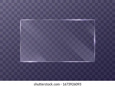 Flat glass plates set. Windows banners on transparent background.  Reflection 3d plate, clear  mirrors,  window. Glitter rectangle display Glare glass frame. Vector
