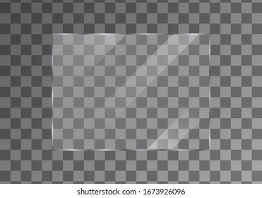 Flat glass plates set. Windows banners on transparent background.  Reflection 3d plate, clear  mirrors,  window. Glitter rectangle display Glare glass frame. Vector