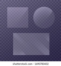 Flat glass plates set. Windows banners on transparent background.  Reflection 3d plate, clear  mirrors,  window. Glitter rectangle display Glare glass frame. Vector