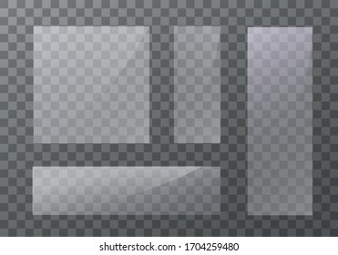 Flat glass plates set. Windows banners on transparent background.  Reflection 3d plate, clear  mirrors,  window. Glitter rectangle display Glare glass frame. Vector