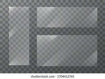 Placas de vidrio planas. Banners de Windows en fondo transparente.  Placa 3d reflejada, espejos transparentes, ventana. Pantalla de rectángulo de brillo Marco de cristal de cristal. Vector