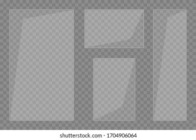 Flat glass plates set. Windows banners on transparent background. Reflection 3d plate, clear mirrors, window. Glitter rectangle display Glare glass frame. Vector