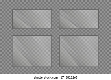 Flat glass plates set. Windows banners on transparent background. Reflection 3d plate, clear mirrors, window. Glitter rectangle display Glare glass frame. Vector