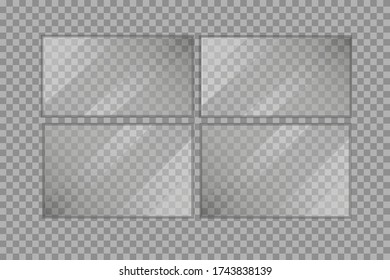Flat glass plates set. Windows banners on transparent background. Reflection 3d plate, clear mirrors, window. Glitter rectangle display Glare glass frame. Vector