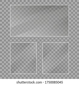 Flachglasplatten Set. Windows-Banner auf transparentem Hintergrund. Reflektion 3D Platte, klare Spiegel, Fenster. Glitzer Rechteck-Anzeige Glassglas Rahmen. Vektorgrafik