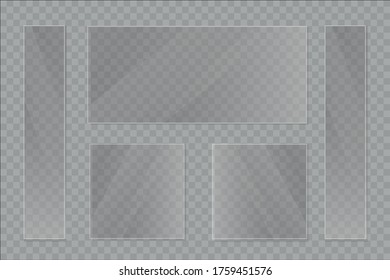 Flat glass plates set. Windows banners on transparent background. Reflection 3d plate, clear mirrors, window. Glitter rectangle display Glare glass frame. Vector