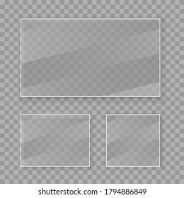 Flat glass plates set. Windows banners on transparent background. Reflection 3d plate, clear mirrors, window. Glitter rectangle display Glare glass frame. Vector