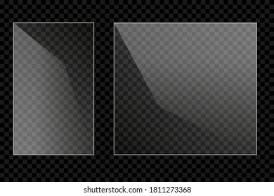 Flat glass plates set. Windows banners on transparent background. Reflection 3d plate, clear mirrors, window. Glitter rectangle display Glare glass frame. Vector