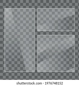 Flat glass plates set. Windows banners on transparent background. Reflection 3d plate, clear mirrors, window. Glitter rectangle display Glare glass frame. Vector