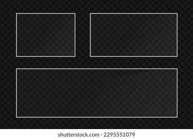 Placas de vidrio planas puestas. Banners de Windows en fondo transparente. Placa 3d reflectante, espejos claros, ventana. Pantalla de rectángulo brillante Marco de vidrio brillante. Vector