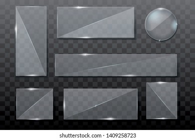 Flat glass. Realistic 3D design. Glass transparent banners set. Vector glass frame. 