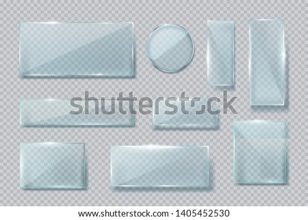 Flat glass. Realistic 3D design. Glass transparent banners set. Vector glass frame. Isolated on transparent background.