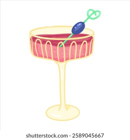 Flat glass of red wine with grape on a skewer. Modern glass for wine, champagne, prosecco, brut. Hand drawn vector illustration on a white background. Celebration concept.