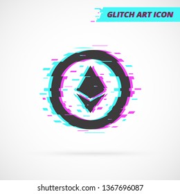 Flat Glitch Ethereum isolated Icon. Silhouette ETH cryptocurrency blockchain symbol in Glitch art style in neon glow colors. Ether Coin Vector isolated illustration.
