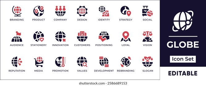 Flat globe, earth, and world icon set featuring global communication, international connections, geography, navigation, sustainability, and planet-related concepts.