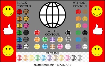 Flat globe icon. Color, outline, black and white contour.