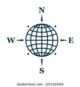 A Flat Globe With Meridians And Parallels And A Compass. Cardinal Directions.