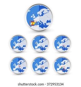 Flat Globe set with EU countries World Map Location Part 1. All elements are separated in editable layers clearly labeled.