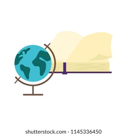 Flat globe standing near opened book side view. Symbol of education, library literature and wisdom. School, college or university studying equipment. Vector isolated illustration.