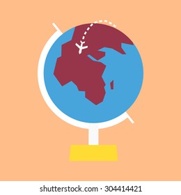flat globe travel vector icon with airplane