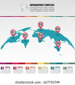 Flat Globe World Map Infographic Vector Template With Number Location Pointer Marks, Info Graphic Concept, Credit Map By NASA