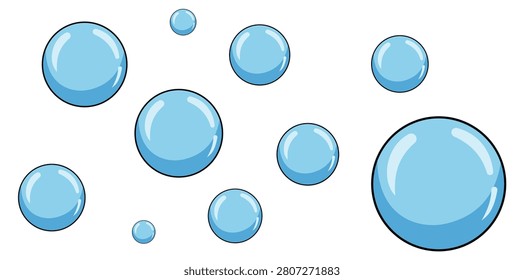 Flat glossy blue water bubbles illustration featuring transparent floating circles with shiny reflections, clean abstract liquid elements, fresh minimal vector design isolated on white background.