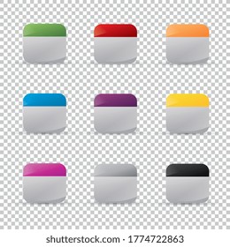 Flat Glossy calendar Icon set on checked transparent background. Vector illustration. Eps 10 vector file.