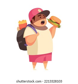 Flat gluttony concept with obese boy eating junk food vector illustration